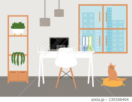 Home office design with cat and desk Vector 130386404