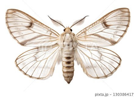 Close-up of delicate cream-colored moth with intricate wing patterns, detailed macro photography isolated on transparent background 130386417