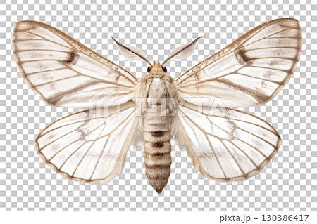 Close-up of delicate cream-colored moth with intricate wing patterns, detailed macro photography isolated on transparent background 130386417