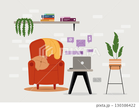 Cozy home office corner with laptop Vector Cozy home office corner with laptop Vector 130386422