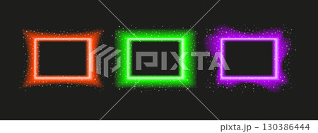 Collection of luminous neon rectangular borders with blurred glow and star highlights. Dark festive vector background for seasonal designs. 130386444
