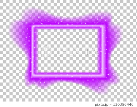 Purple neon rectangular shape with blurred glow and star accents. Shiny vector illustration of glowing border on transparent background. 130386446