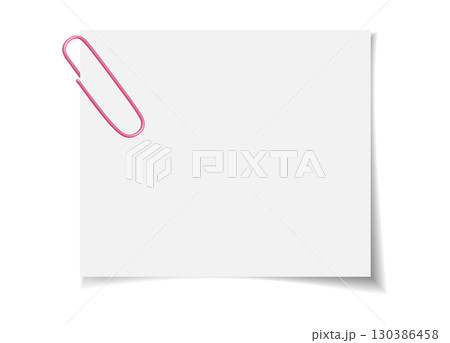 Clean blank notepaper held by pink clip. Flat vector design for stationery, office, school, or message template. Isolated on white. 130386458