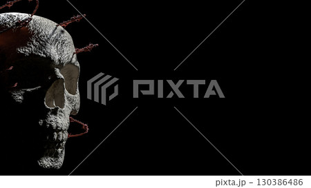 The Skull and barbed wire for Halloween or crime concept 3d Rendering. The Skull and barbed wire for Halloween or crime concept 3d Rendering. 130386486