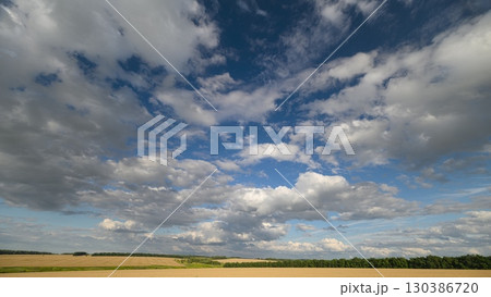 A Captivating Scenic Sky Over Vibrant Wheat Fields Featuring Dynamic Cloud Patterns 130386720