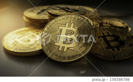 Close-up of a heap of bitcoin replicas symbolizing cryptocurrency wealth 130386786