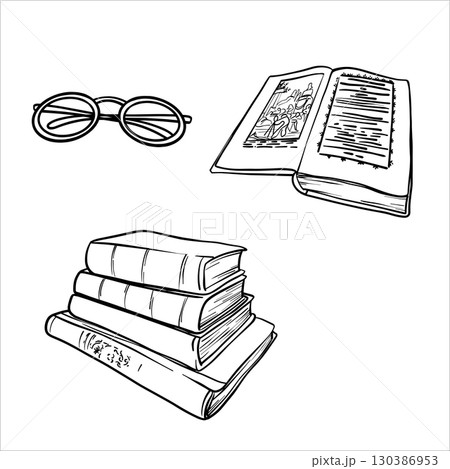 Vector set of stack of Books, open book and eyeglasses. Black and white line drawing of a book is with open pages and Stack of Books. Hand drawn line illustration books. Literature in outline drawing 130386953