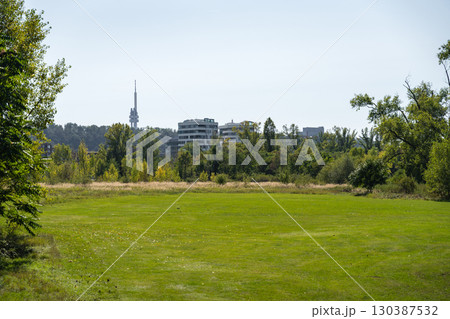 Open green grassy golf area under a clear sky with modern buildings and Zizkov TV Tower  130387532