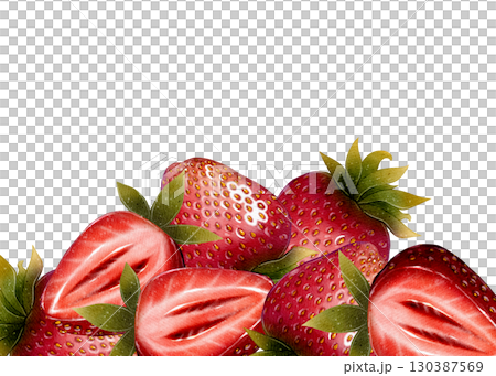 Watercolor strawberry frame banner with whole and sliced berries 130387569