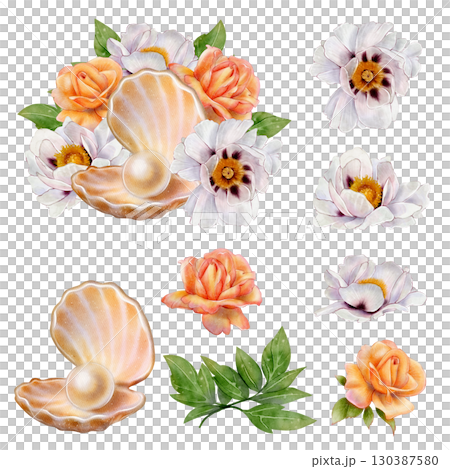 Pearl shell with roses, white flowers and green leaves 130387580
