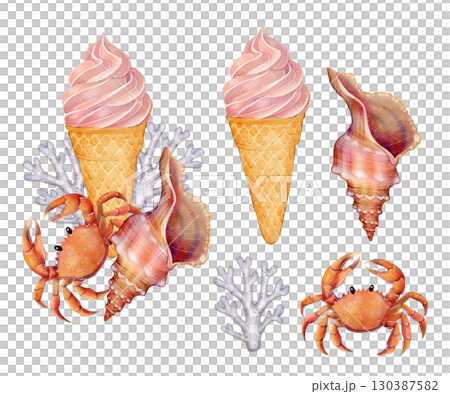 set of Crab with ice cream cone, seashell and coral illustration set of Crab with ice cream cone, seashell and coral illustration 130387582