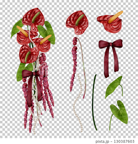 Set of Red anthurium bouquet with bow illustration Set of Red anthurium bouquet with bow illustration 130387603