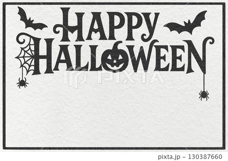White Halloween banner with bats, spiders web and jack o lantern black silhouettes on paper background with copy space 130387660