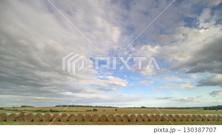 Expansive and Beautiful Landscape Under a Cloudy Sky with Surrounded Hay Bales Present 130387707