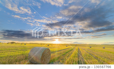 A breathtaking and scenic sunset over rolling fields adorned with golden bales of hay 130387766