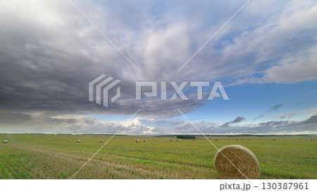 The Beautiful Overcast Sky Hovering Over Lush, Golden Fields Filled with Hay Bales 130387961