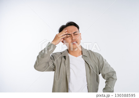 A Frustrated Young Man, Clearly Expressing His Stress and Discomfort Outwardly A Frustrated Young Man, Clearly Expressing His Stress and Discomfort Outwardly 130388595
