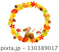 紅葉のリースと切り株にとまる鳥が歌う秋をイメージしたイラスト　水彩風加工バージョン 130389017