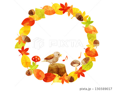 紅葉のリースと切り株にとまる鳥が歌う秋をイメージしたイラスト　水彩風加工バージョン 130389017