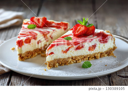 甘酸っぱいストロベリーを乗せたストロベリー・チーズケーキ 130389105