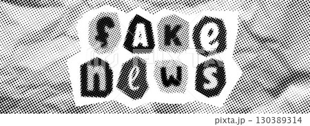 Fake news halftone background concept. Comic style text collage on crumpled paper. Retro pixel backdrop of false facts, misinformation, propaganda, post truth, misconception. Vector vintage newspaper Fake news halftone background concept. Comic style text collage on crumpled paper. Retro pixel backdrop of false facts, misinformation, propaganda, post truth, misconception. Vector vintage newspaper 130389314