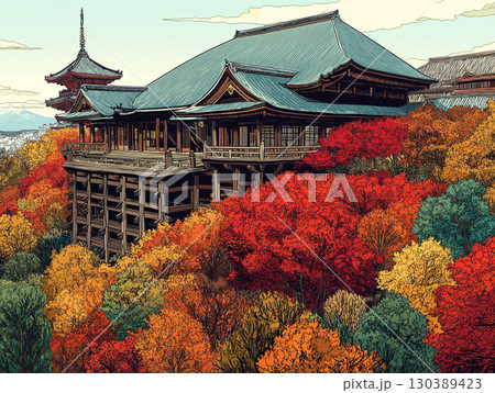 秋の清水寺　京都　イラスト　 130389423