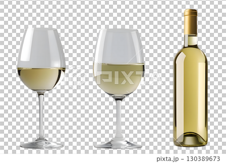 ワイングラスに入った白ワインとワインボトルのセット ワイングラスに入った白ワインとワインボトルのセット 130389673