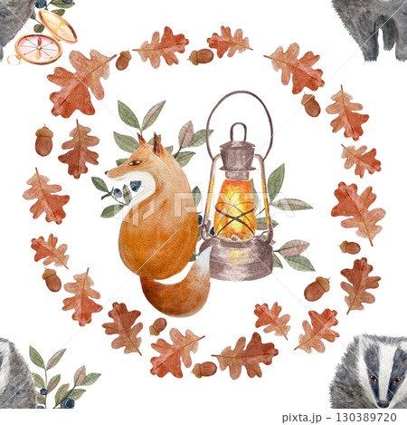 Fox, badger, vintage lantern, oak leaves, acorns, and autumn foliage seamless watercolor pattern on white background, perfect for fabric prints, children products, stationery, seasonal autumn decor 130389720