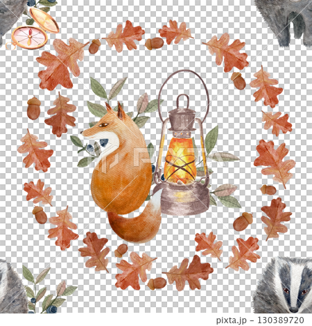 Fox, badger, vintage lantern, oak leaves, acorns, and autumn foliage seamless watercolor pattern on white background, perfect for fabric prints, children products, stationery, seasonal autumn decor Fox, badger, vintage lantern, oak leaves, acorns, and autumn foliage seamless watercolor pattern on white background, perfect for fabric prints, children products, stationery, seasonal autumn decor 130389720
