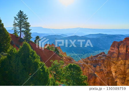 Bryce Canyon Red Rock Formations Pine Trees and Distant Blue Mountains Scenic View 130389759