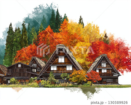 紅葉に包まれた白川郷　合掌造り　イラスト 130389926