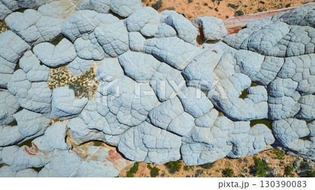 Aerial White Sandstone Formations and Desert Vegetation Top Down View Aerial White Sandstone Formations and Desert Vegetation Top Down View 130390083