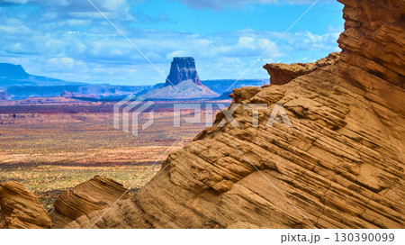 Aerial Monument Valley Sandstone Formation Desert Butte Vivid Sky Perspective 130390099