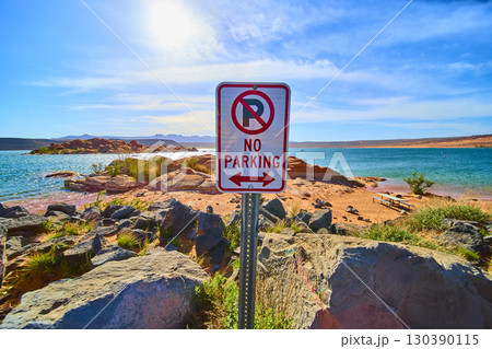 No Parking Sign Desert Lake Shoreline with Motion Ground Level Perspective 130390115