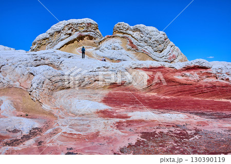 Hiker on Swirling Sandstone Formations White Pocket Arizona Blue Sky 130390119