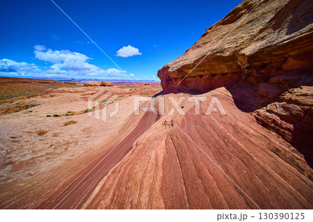 Red Sandstone Waves and Desert Vista with Hikers Motion Eye Level Perspective Red Sandstone Waves and Desert Vista with Hikers Motion Eye Level Perspective 130390125
