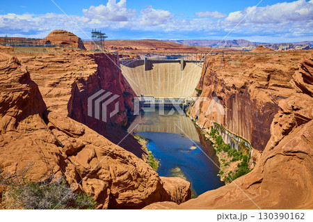 Glen Canyon Dam Colorado River Red Sandstone Cliffs Aerial Overlook 130390162