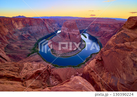 Horseshoe Bend Colorado River Sandstone Cliffs at Sunset Panoramic Overlook Horseshoe Bend Colorado River Sandstone Cliffs at Sunset Panoramic Overlook 130390224