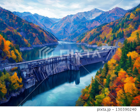 秋の黒部ダム　観光放水　イラスト 130390240