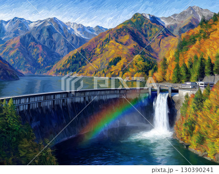 秋の黒部ダム　観光放水　イラスト 130390241