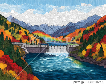 秋の黒部ダム　観光放水　イラスト 130390243