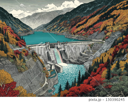 秋の黒部ダム　観光放水　イラスト 130390245
