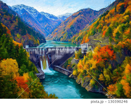 秋の黒部ダム 観光放水 イラスト 秋の黒部ダム 観光放水 イラスト 130390246