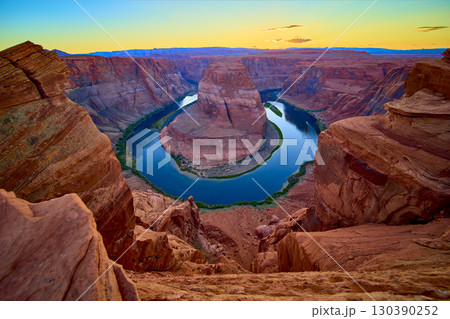 Horseshoe Bend Colorado River Golden Canyon Walls High Rim Overlook at Sunset Horseshoe Bend Colorado River Golden Canyon Walls High Rim Overlook at Sunset 130390252