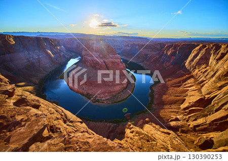 Horseshoe Bend Colorado River Sandstone Cliffs Sunset Panoramic Overlook View Horseshoe Bend Colorado River Sandstone Cliffs Sunset Panoramic Overlook View 130390253