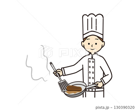 フライパンでステーキを焼く女性コック フライパンでステーキを焼く女性コック 130390320