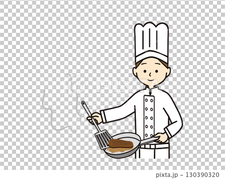 フライパンでステーキを焼く女性コック フライパンでステーキを焼く女性コック 130390320