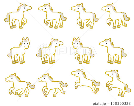 金縁のついた白い馬のイラストセット 130390328