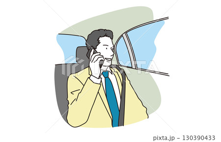 後部座席で電話をするスーツの男性ビジネスパーソンのイラスト素材 後部座席で電話をするスーツの男性ビジネスパーソンのイラスト素材 130390433