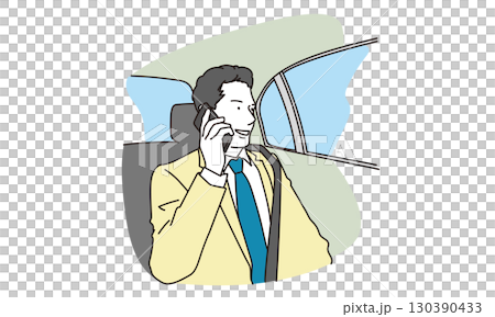 一位身穿西裝的男性商務人士在後座打電話的插畫素材 130390433